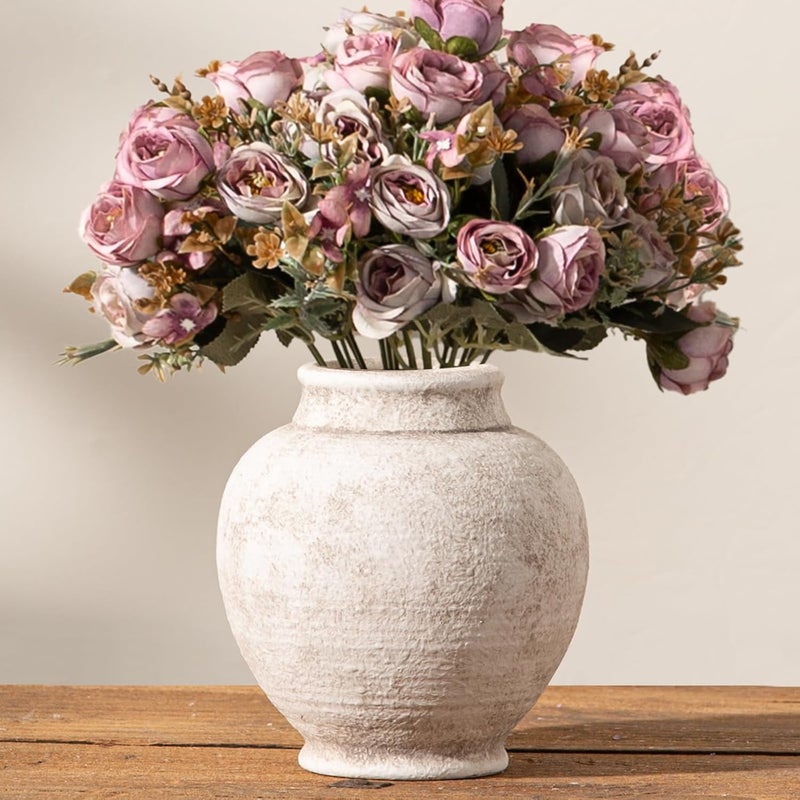 ooit Ceramic Rustic Vase, 6 Inch Small Flower Farmhouse Vase Decorative Vase Short Pottery Vases for Home Decor Table Living Room Entryway Mantel Bookshelf Bedroom Bathroom Kitchen - Rustic White - Image 1